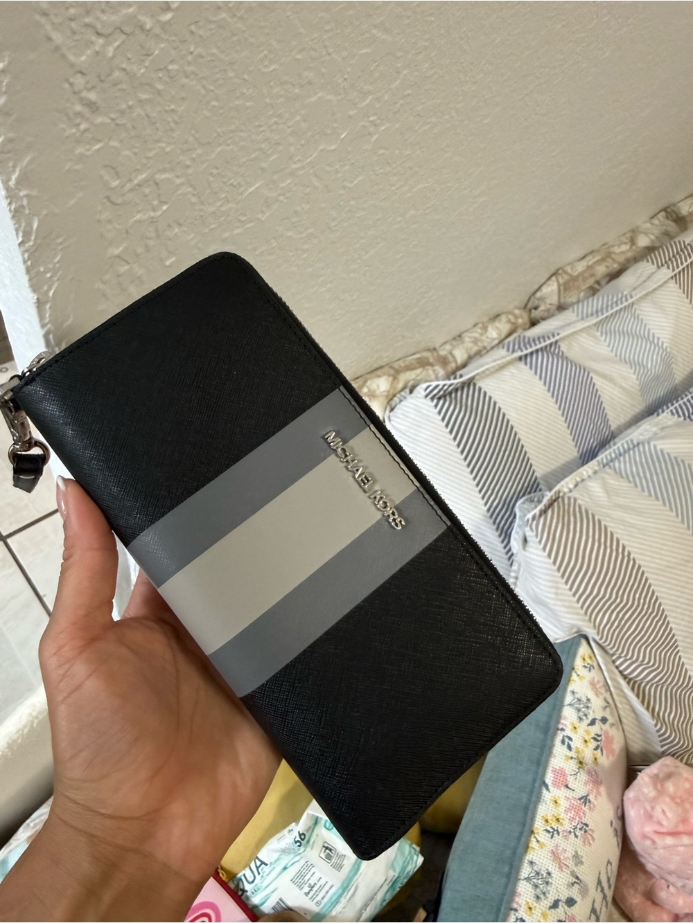 Michael Kors Black Wallet with Gray Stripe Accent